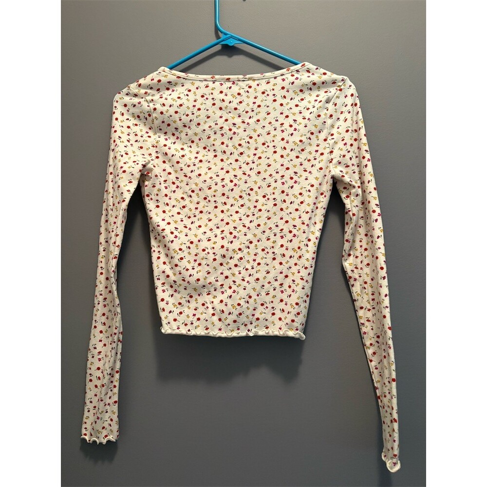 Forever 21 Blouse Womens M Ivory Floral V-Neck Long Sleeve Cropped Ruched - Picture 5 of 7